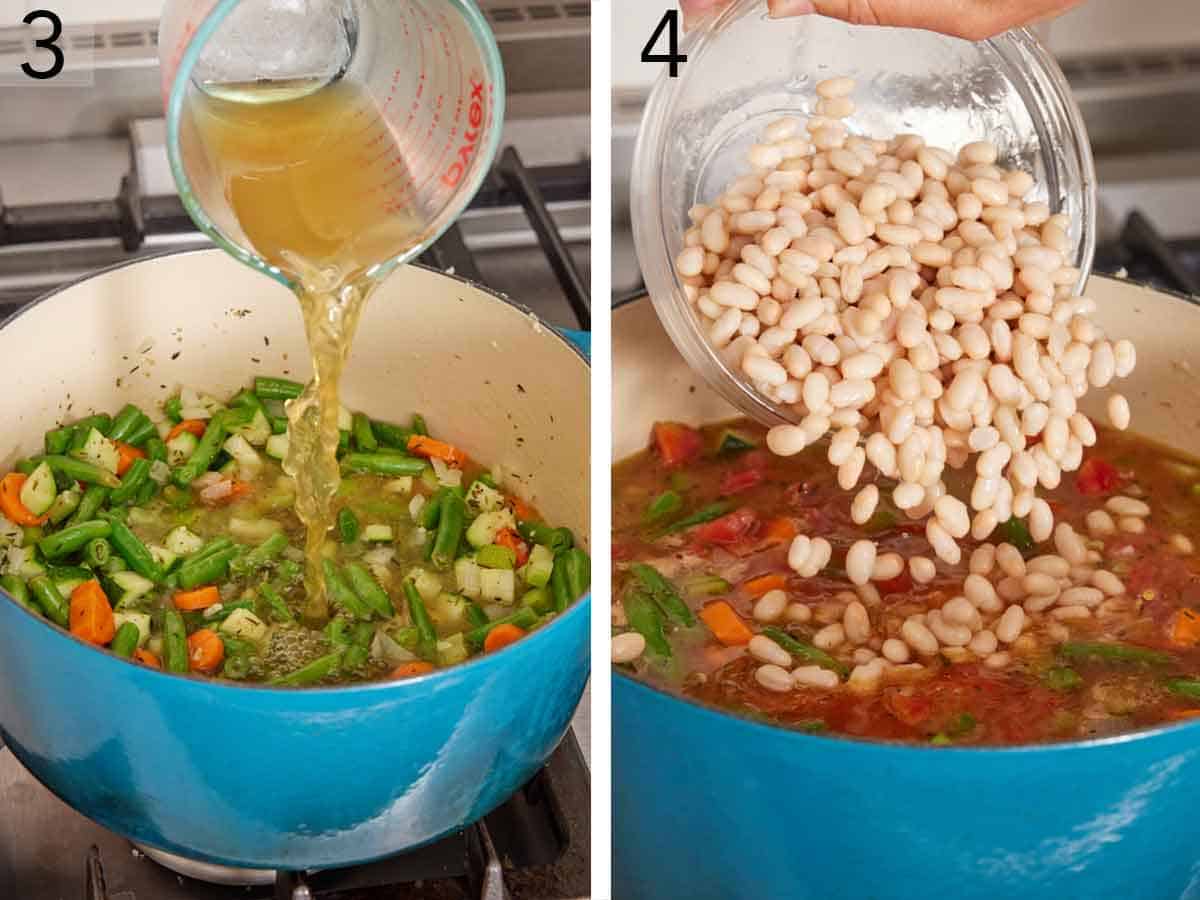 Set of two photos showing vegetable broth and beans added to a pot.