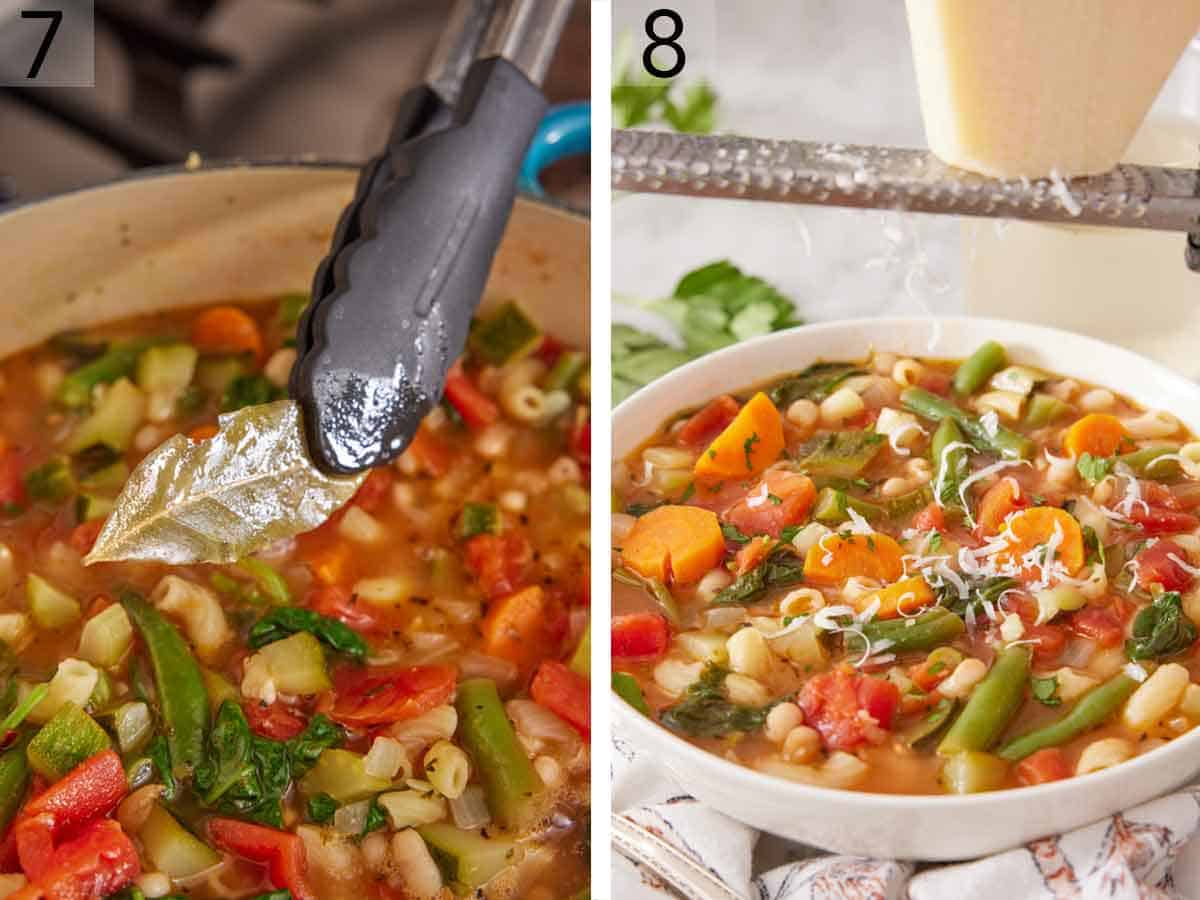 Set of two photos showing the bay leaf removed from the pot and parmesan shaved on top.