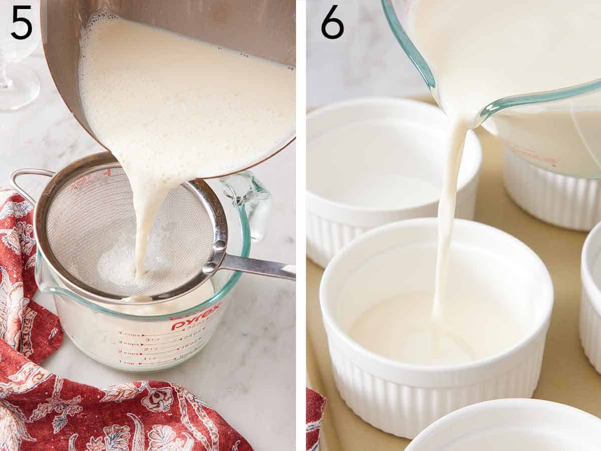 Set of two photos showing liquid strained through a mesh strainer then poured into ramekins.