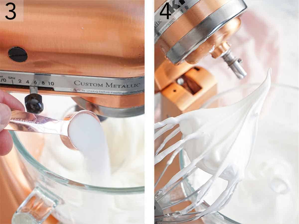 Set of two photos showing salt added to a mixer and the egg whites whipped up.