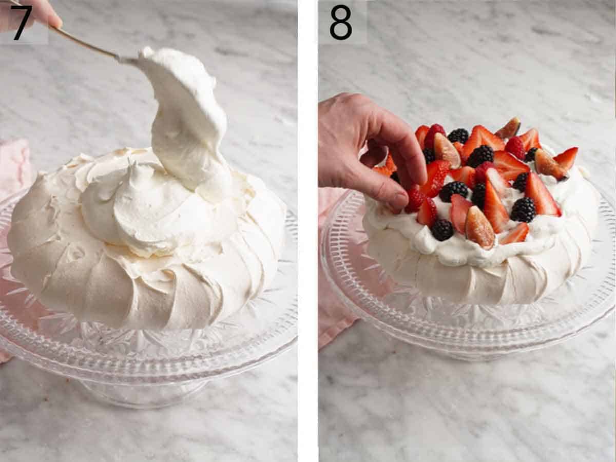 Set of two photos showing whipped cream spooned on top and berries added.
