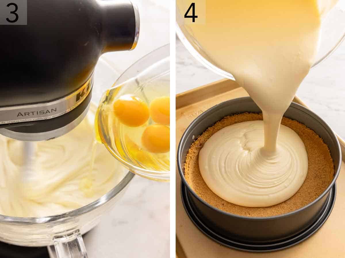 Set of two photos showing eggs added to a mixer with the filling and then poured into the crust.