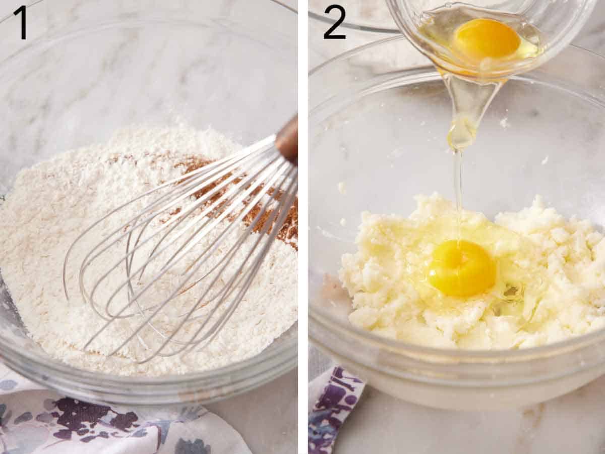 Set of two photos showing dry ingredients whisked and eggs added to creamed butter.