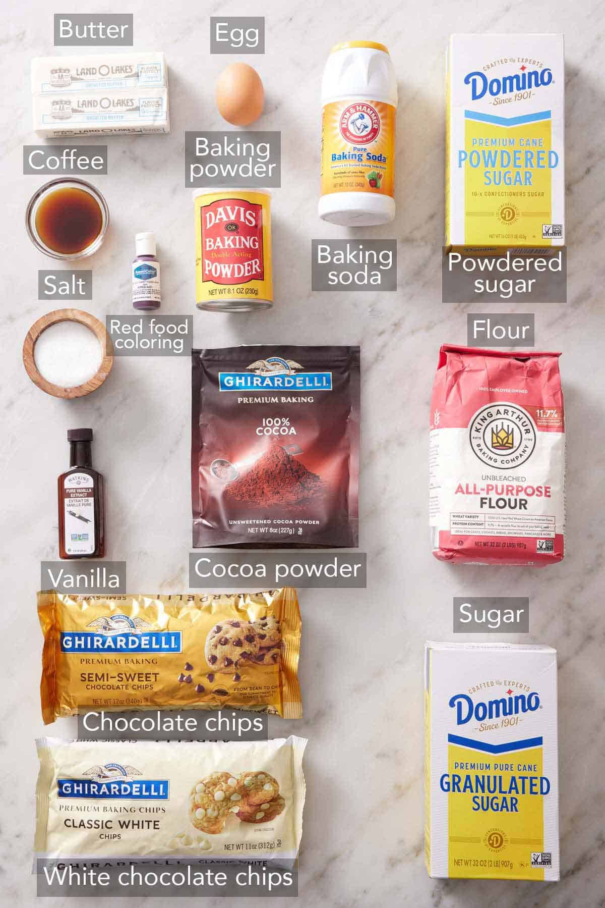 Ingredients needed to make red velvet cookies.