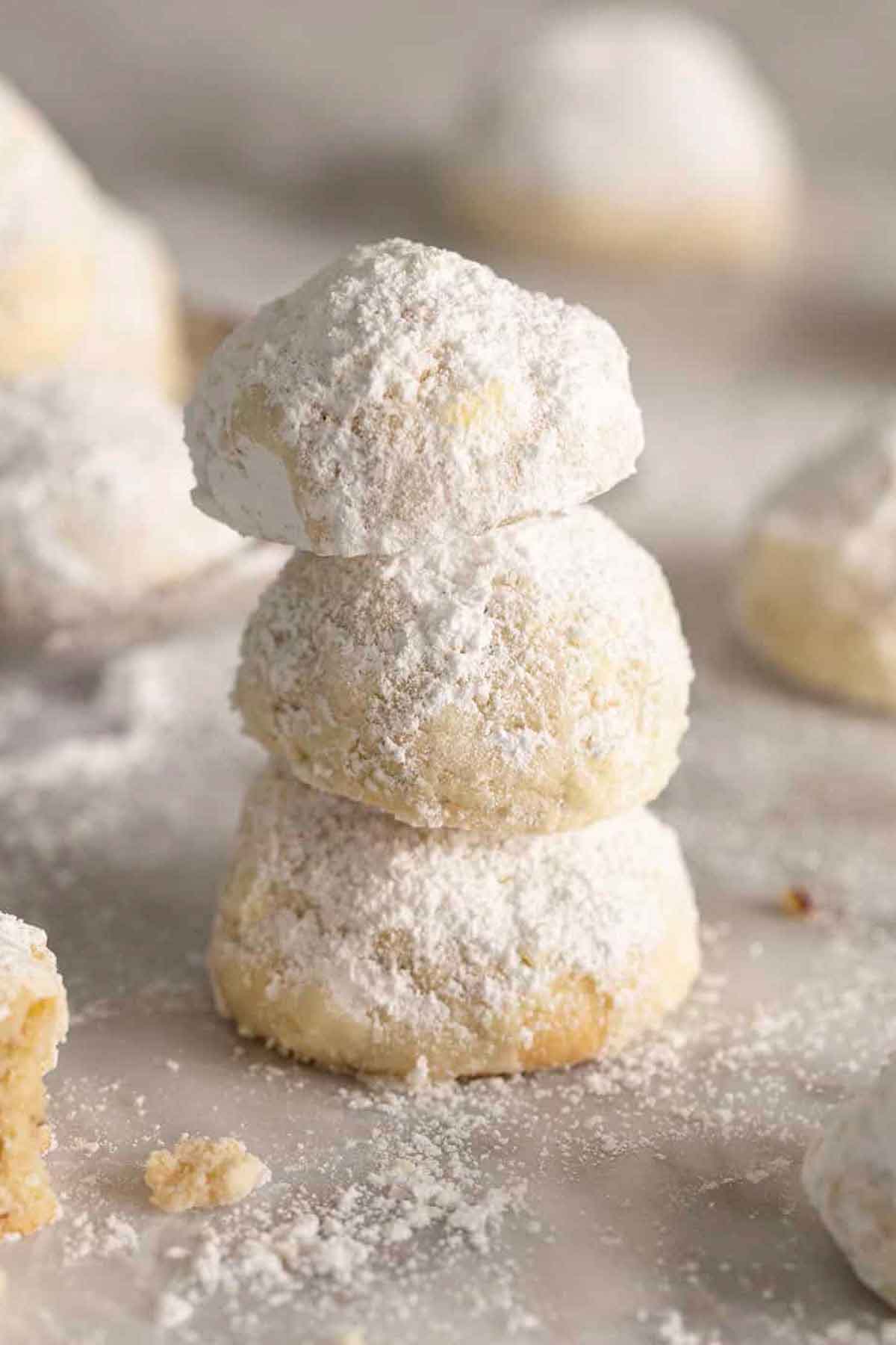A stack of three Russian tea cakes.