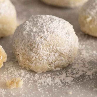 Multiple Russian tea cakes with one in the middle.