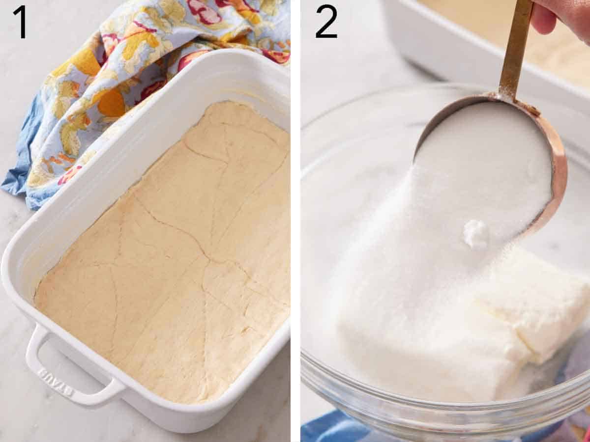 Set of two photos showing crescent dough flatten in a baking dish and sugar added to cream cheese.