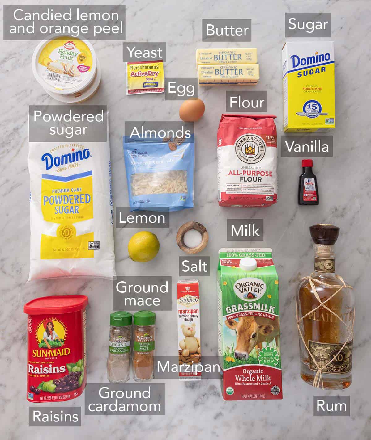 Ingredients needed to make stollen.