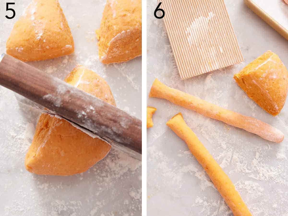 Set of two photos showing dough cut and rolled into thin logs.