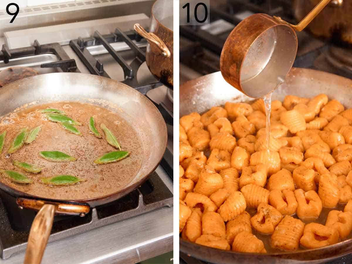 Set of two photos showing sage cooked in butter and gnocchi cooked in a skillet.