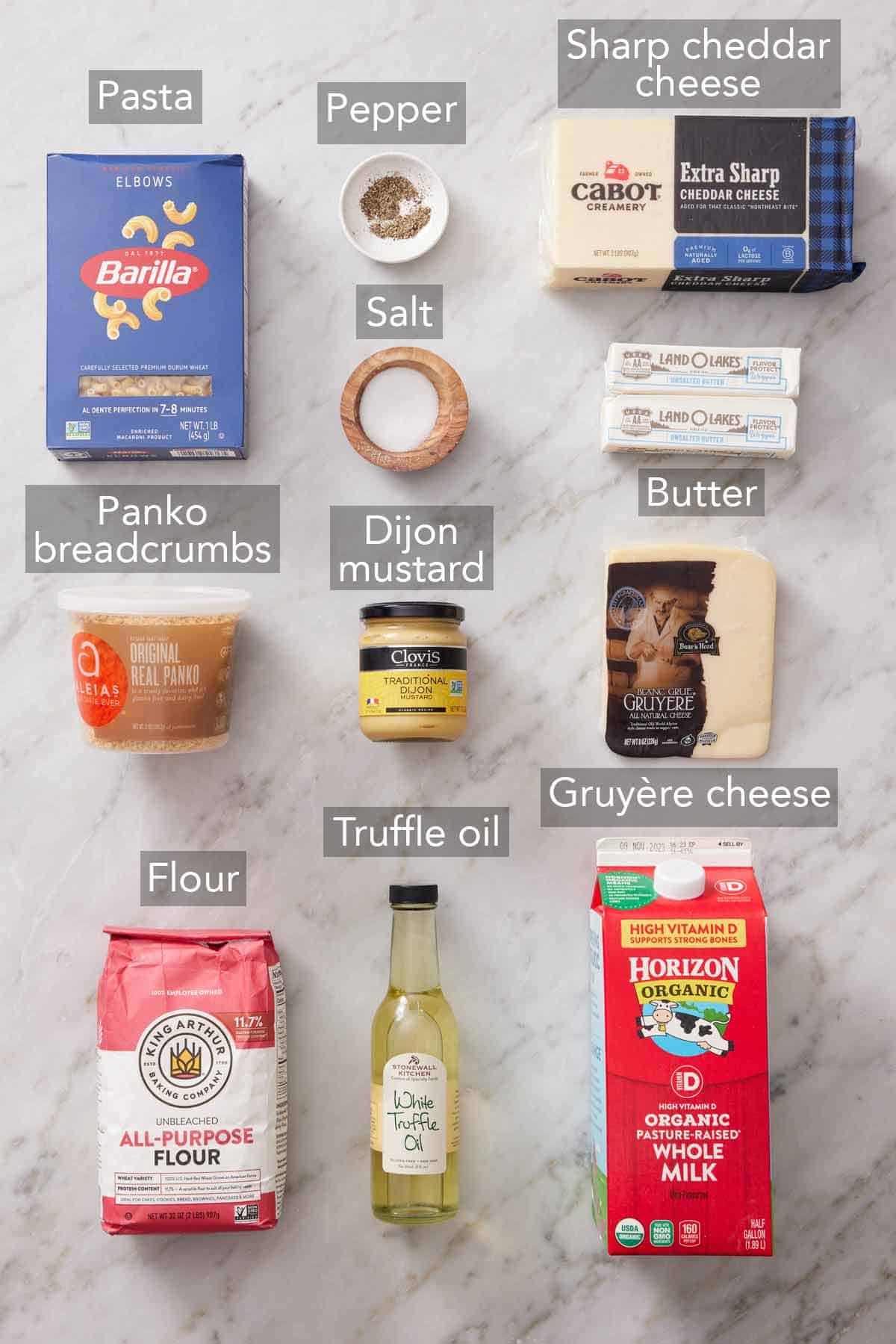 Ingredients needed to make truffle mac and cheese.