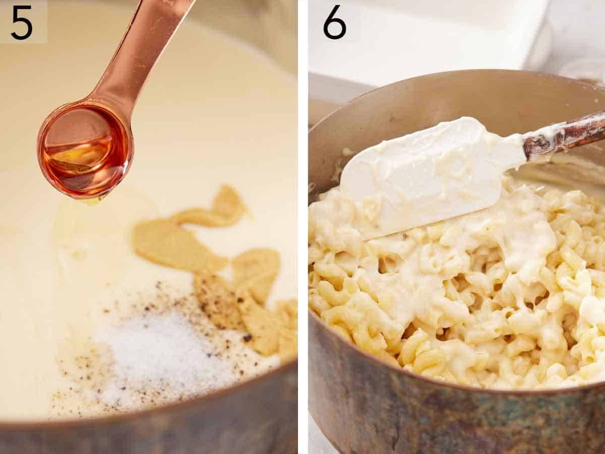 Set of two photos showing tuffle oil, dijon mustard, salt, and pepper added to the pot and cooked pasta added.