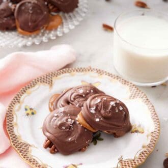 Pinterest graphic of a plate with three turtles on a plate with a glass of milk and additional turtles in the back.