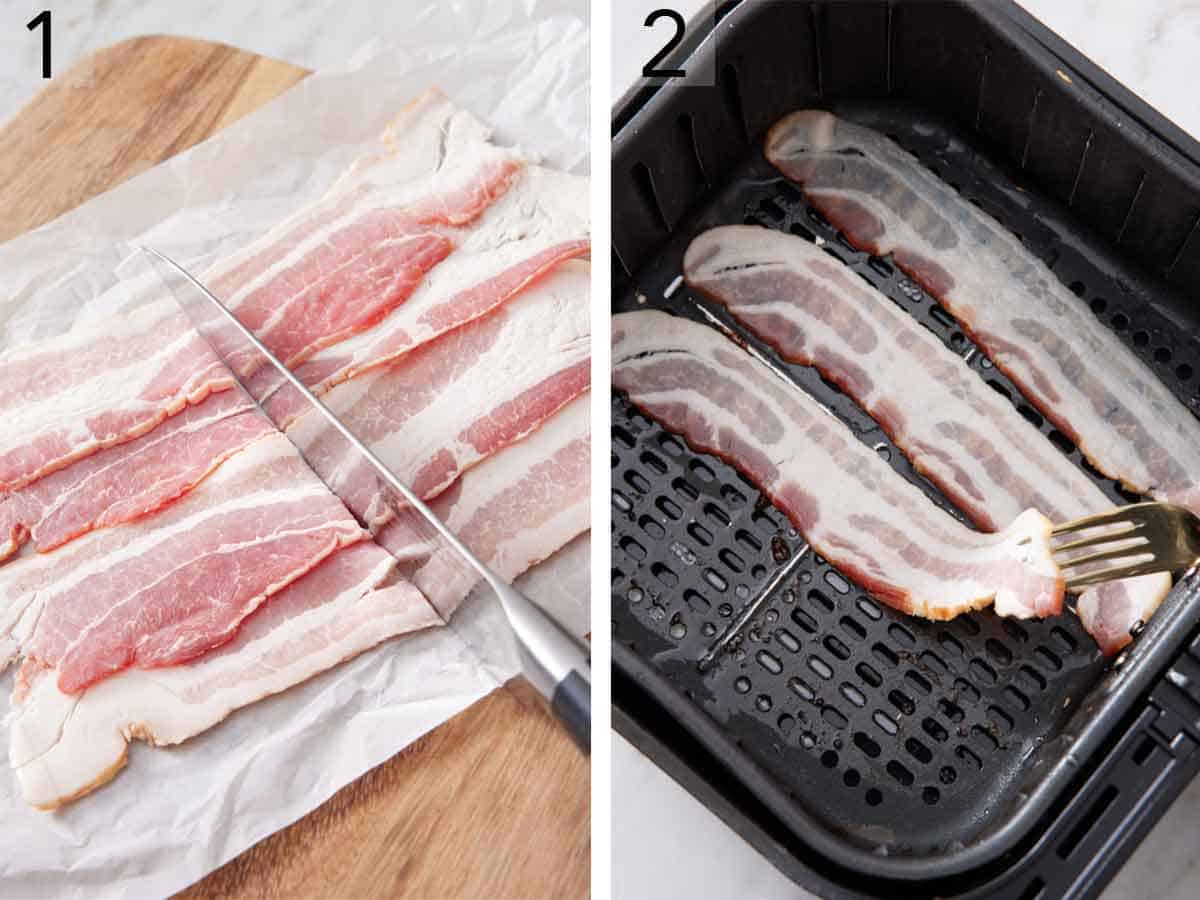 Set of two photos showing bacon cut and added to an air fryer.