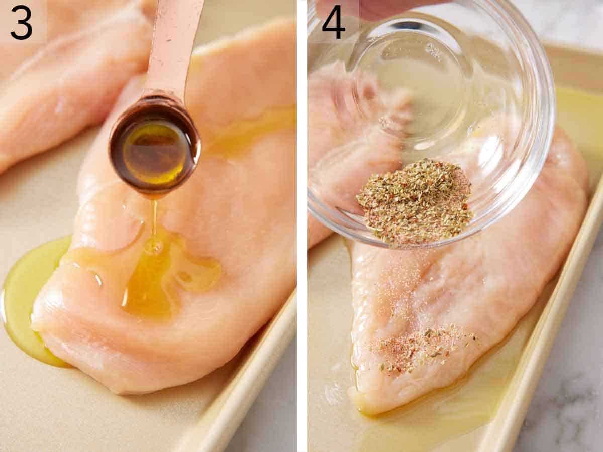 Set of two photos showing olive oil and seasoning added to the chicken.