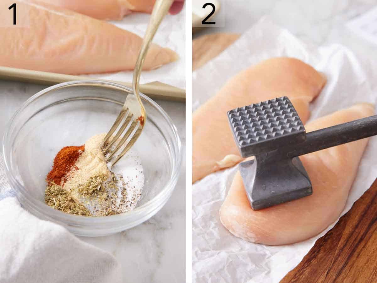 Set of two photos showing seasoning mixed in a bowl and chicken flatted with a mallet.