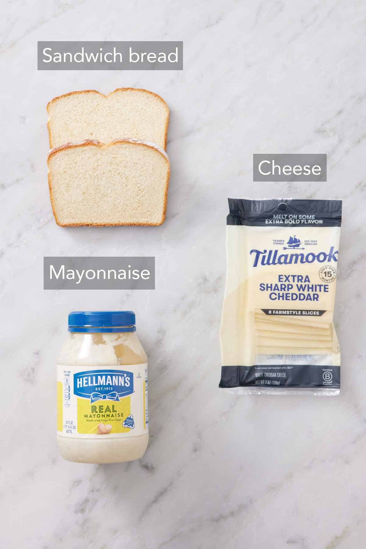 Ingredients needed to make an air fryer grilled cheese.