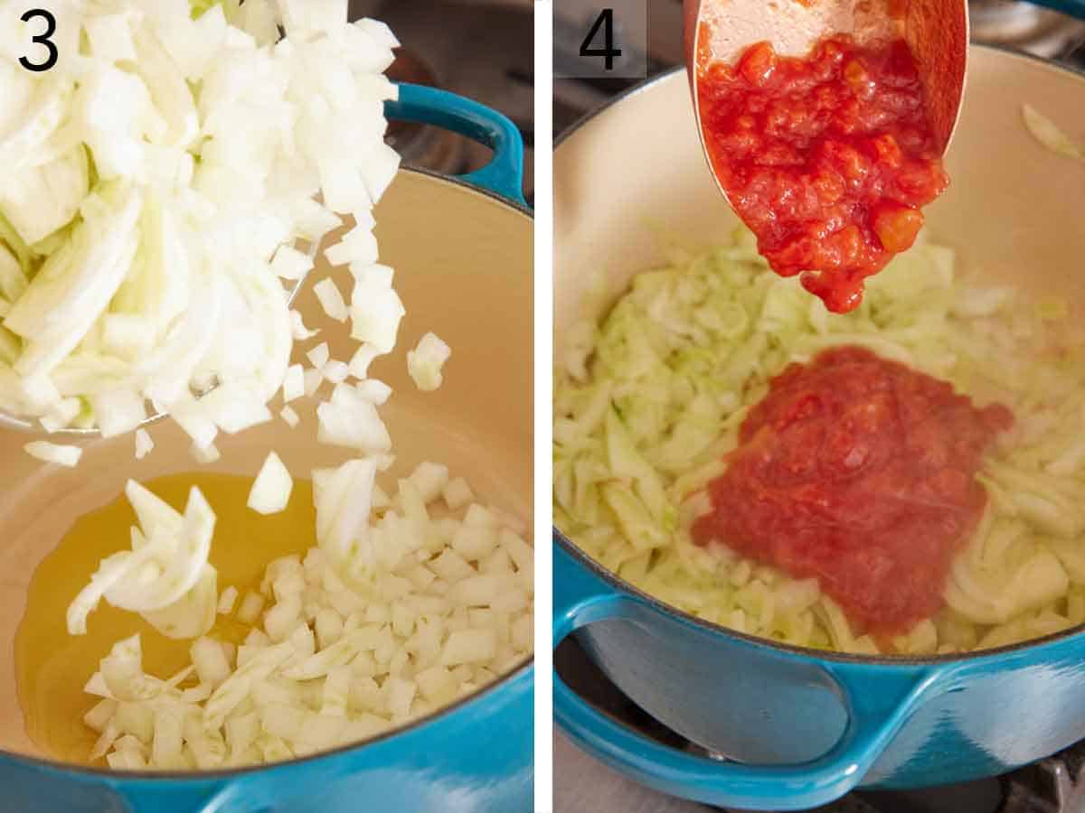 Set of two photos showing onions and chopped tomatoes added to a pot.