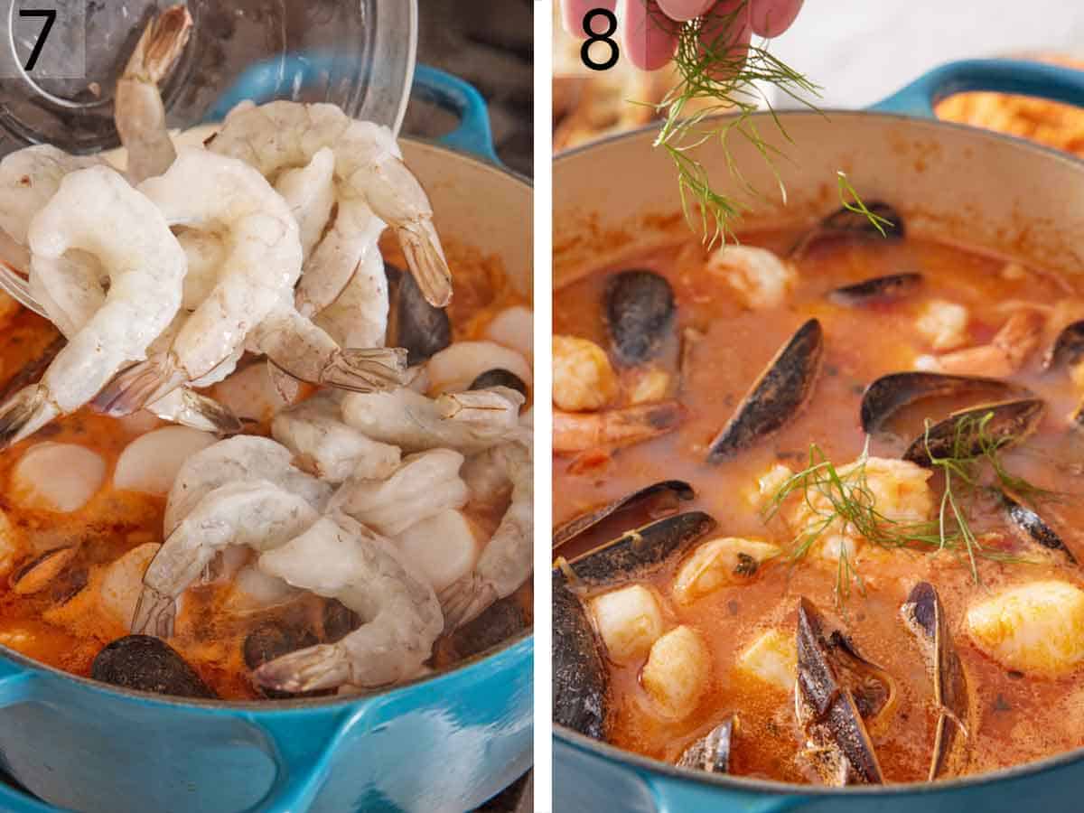 Set of two photos showing shrimp and fennel fronds added to the pot.