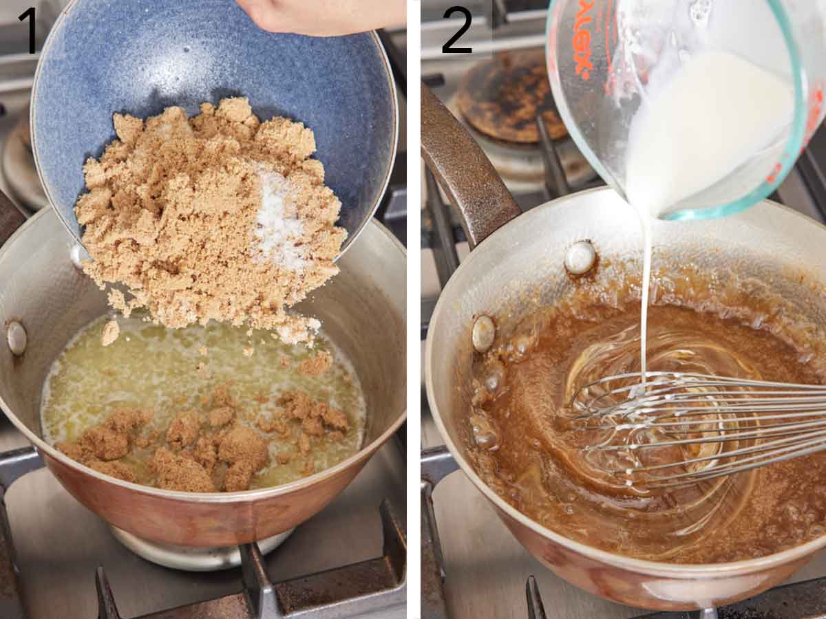 Set of two photos showing sugar added to a pot of butter then cream whisked in.