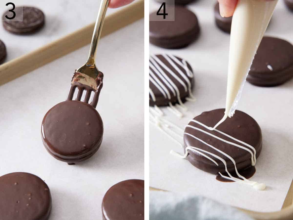 Set of two photos showing the coated cookie transferred to a lined sheet pan and then decorated.