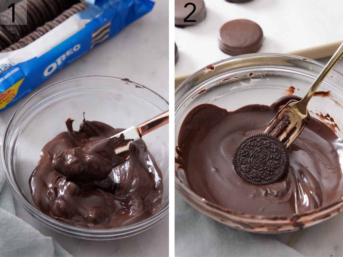 Set of two photos showing chocolate melted in a bowl and oreo cookie dipped into it.