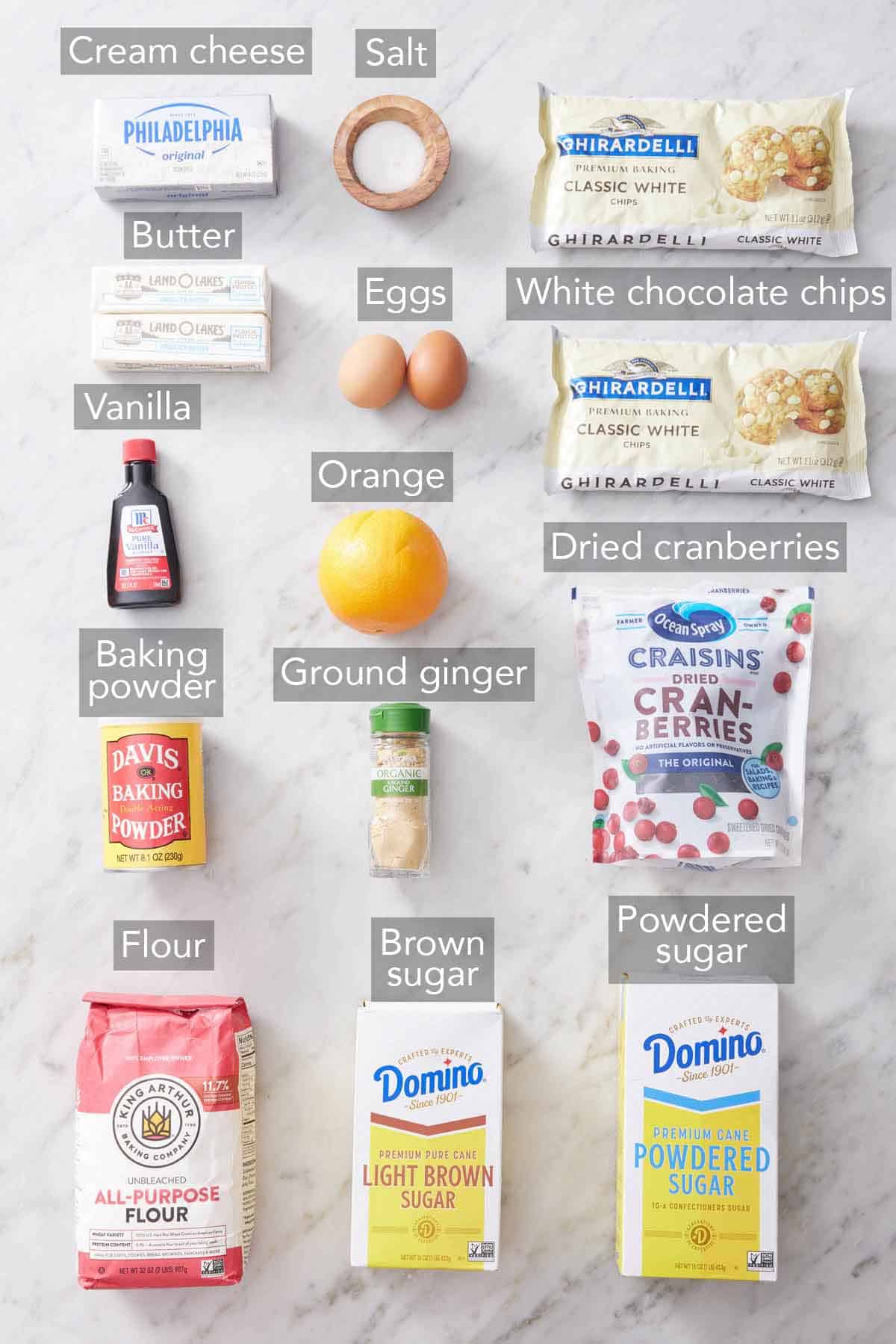 Ingredients needed to make cranberry bliss bars.