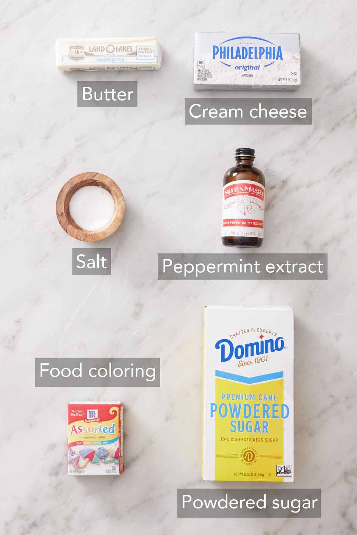 Ingredients needed to make cream cheese mints.