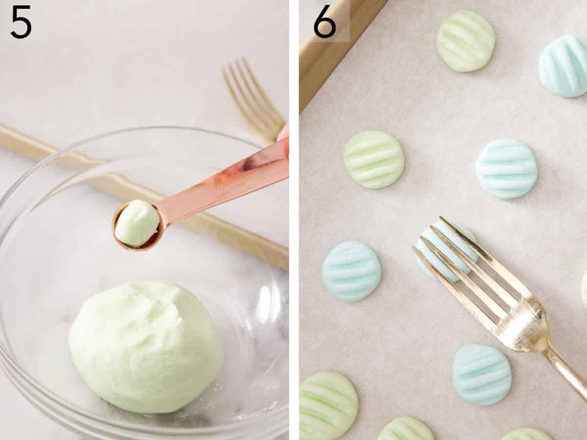 Set of two photos showing dough scooped then pressed with a fork.