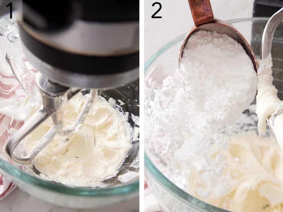 Set of two photos showing cream cheese beaten and powdered sugar added to the mixer.