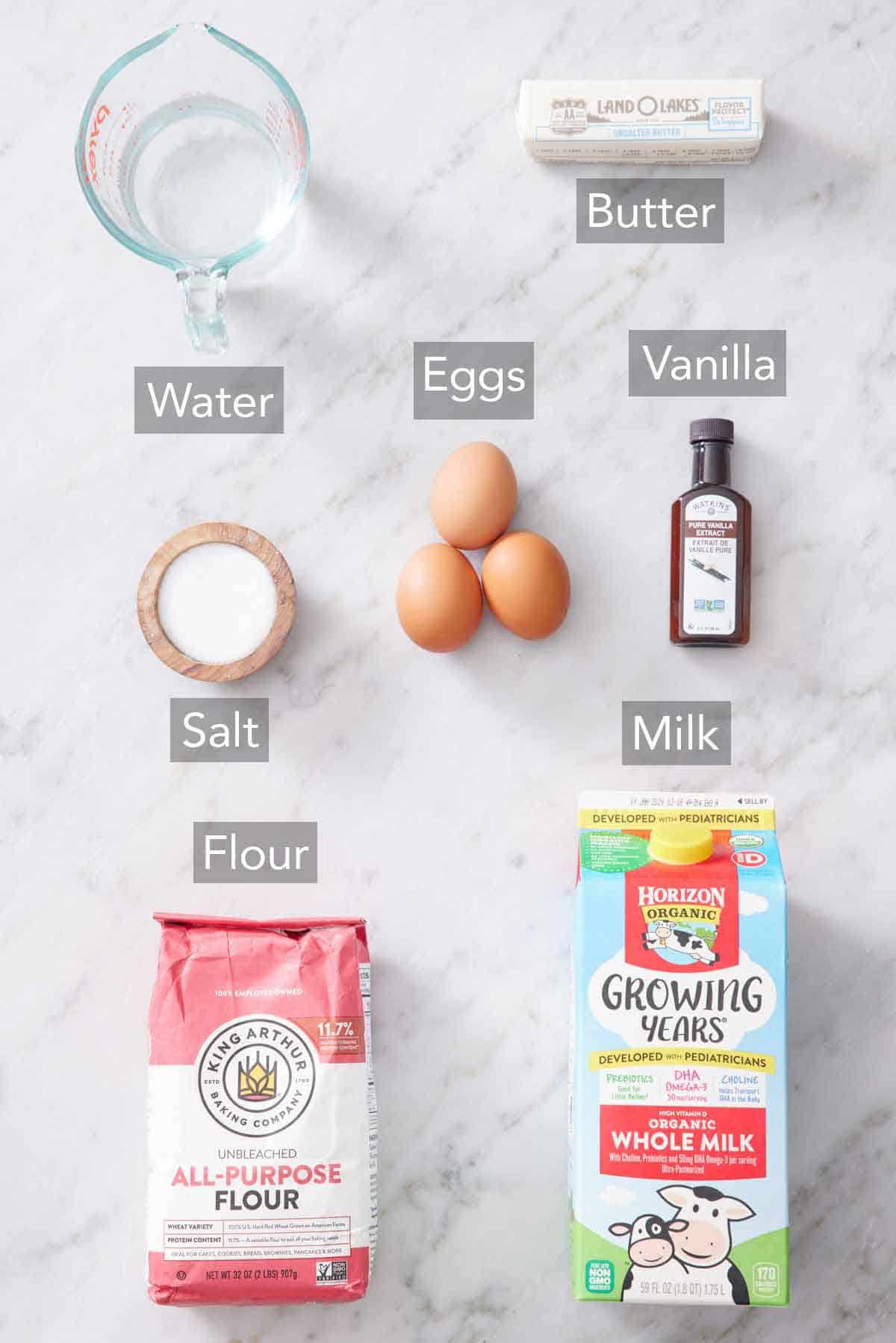 Ingredients needed to make crepe recipe.