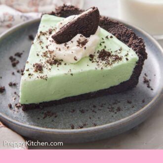 Pinterest graphic of a slice of grasshopper pie on a plate. Glass of milk in the background.