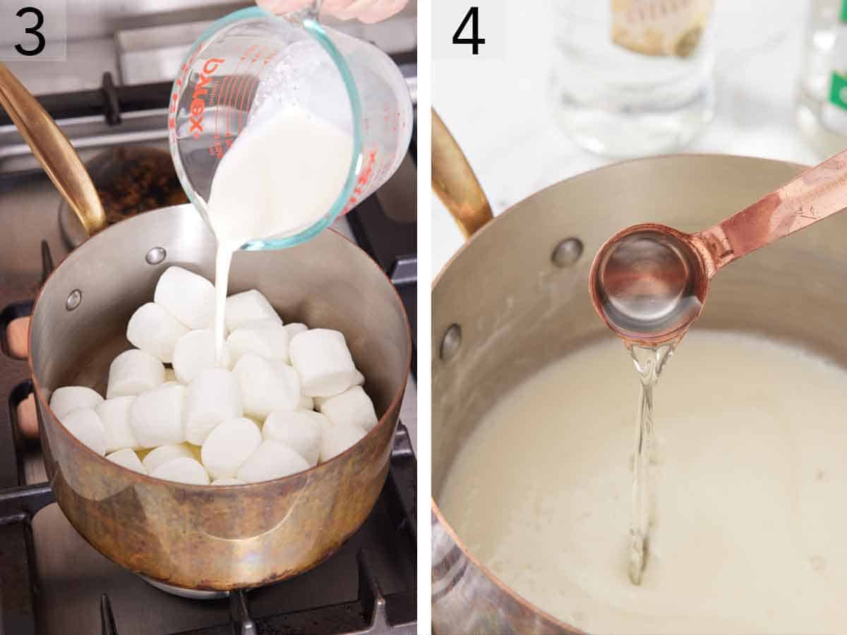 Set of two photos showing cream added to a pot of marshmallows and crème de menthe liqueur added.