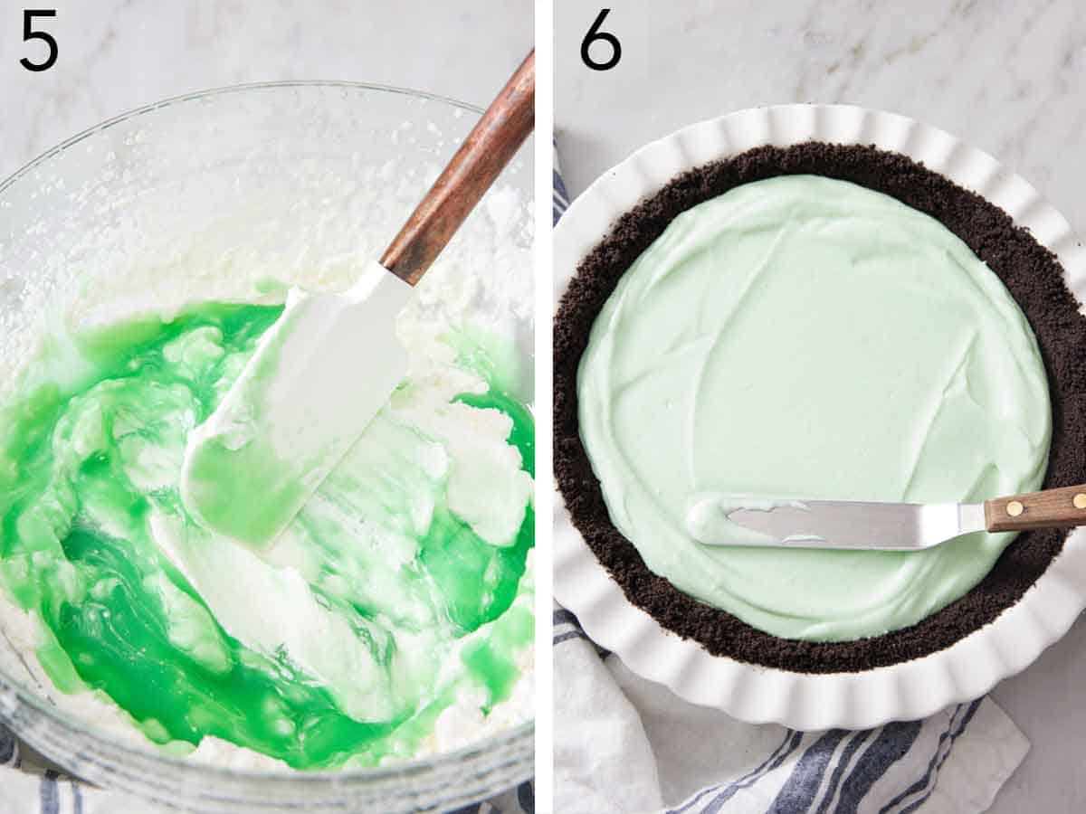 Set of two photos showing food coloring added to the filling and mixed before spread into the Oreo crust.