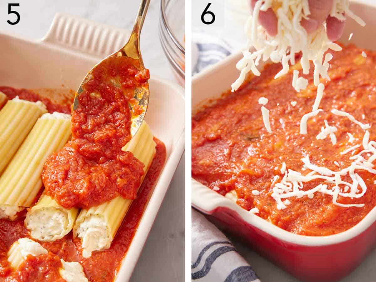 Set of two photos showing marinara sauce and cheese added over the pasta in the baking dish.