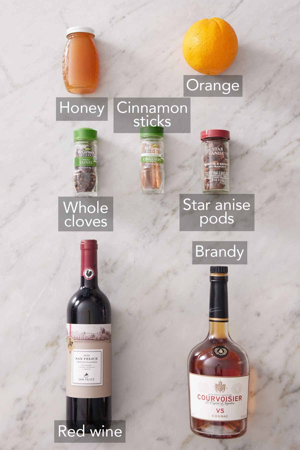 Ingredients needed to make mulled wine.