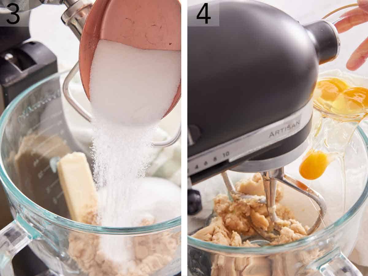 Set of two photos showing sugar added to a mixer with butter and eggs added.