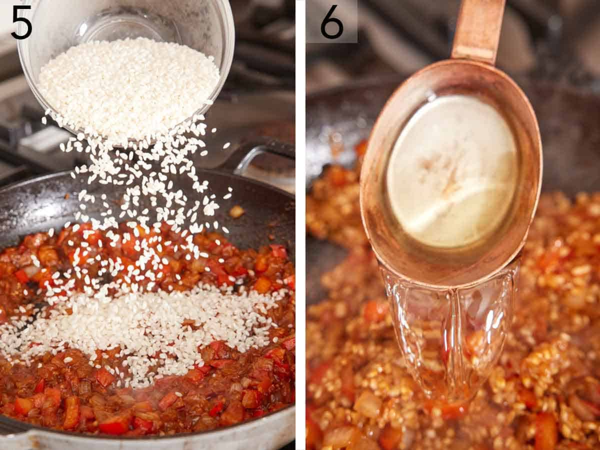 Set of two photos showing rice and wine added to a skillet.