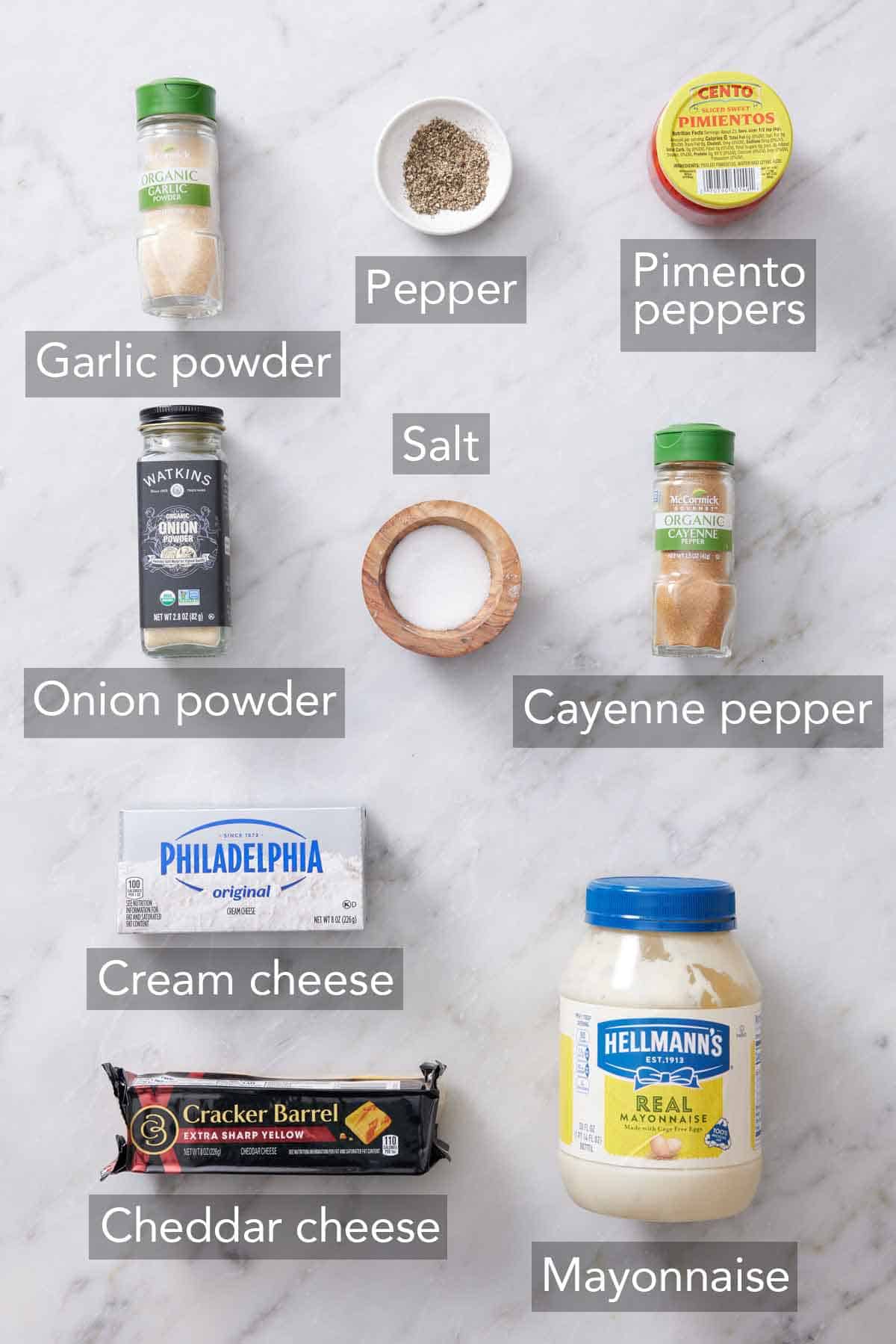 Ingredients needed to make pimento cheese.