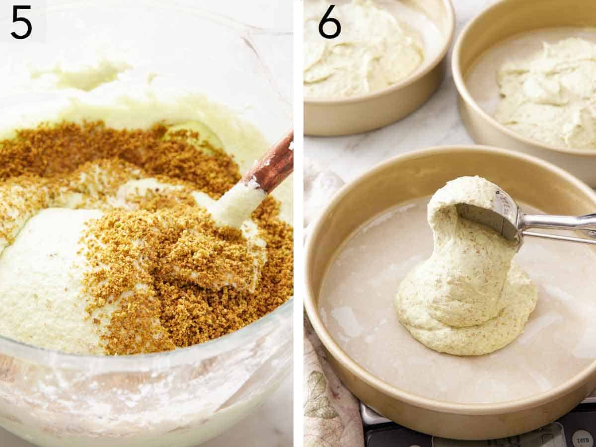 Set of two photos showing finely grounded pistachios added to the batter and scooped into greased cake pans.