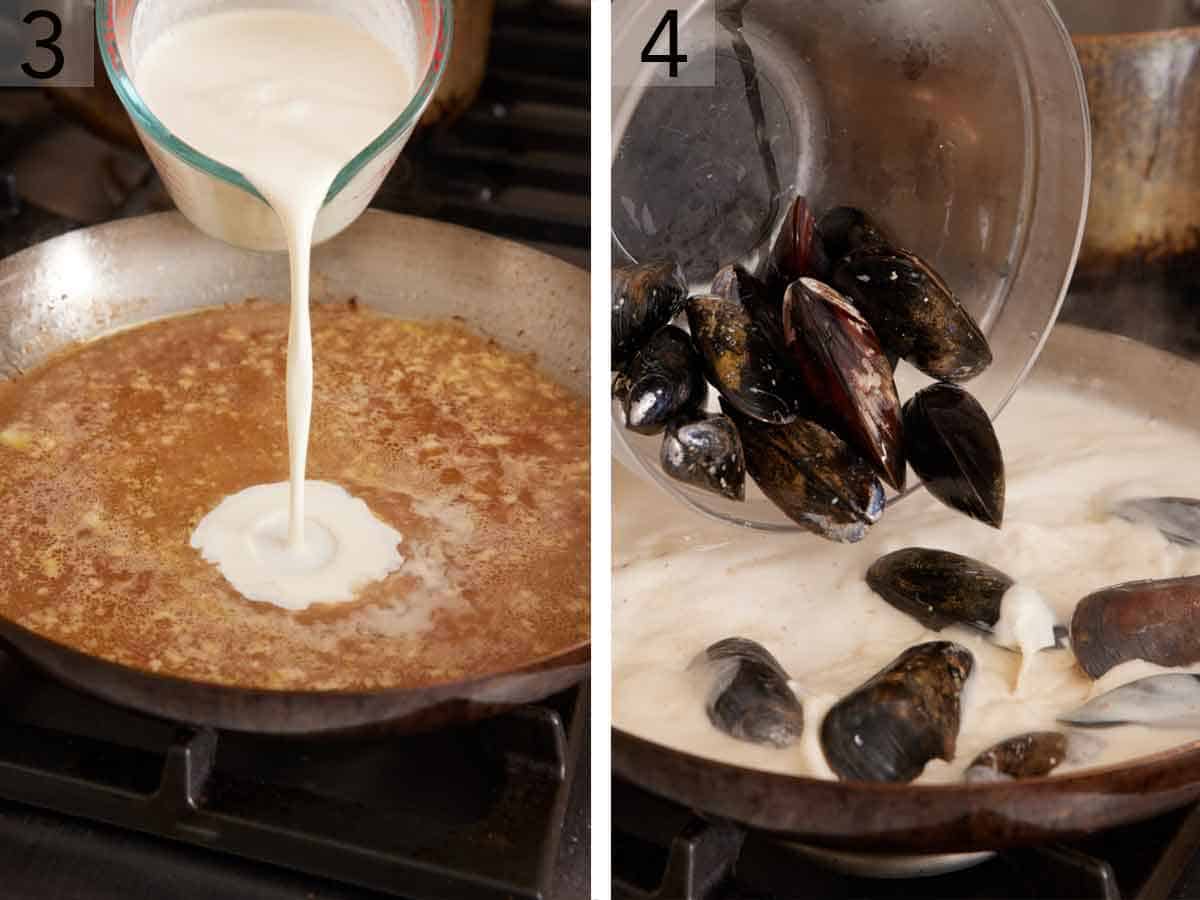 Set of two photos showing cream added to a skillet and then mussels poured in.