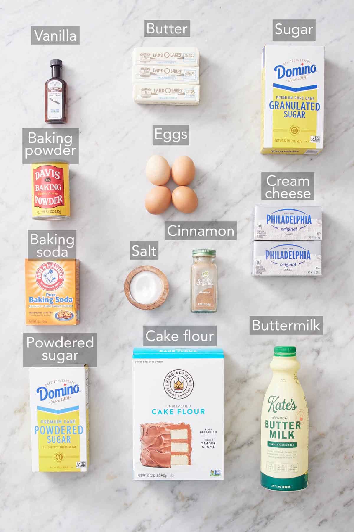 Ingredients needed to make a snickerdoodle cake.