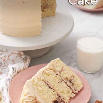 Pinterest graphic of a slice of snickerdoodle cake with a glass of milk and the rest of the cake on a cake stand in the background.