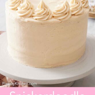 Pinterest graphic of a snickerdoodle cake with dollops of frosting around the edge of the cake on a cake stand.