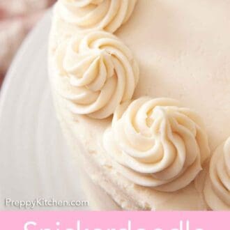 Pinterest graphic of a close up of the frosting dollops on the frosted snickerdoodle cake.