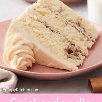 Pinterest graphic of a slice of snickerdoodle cake on a pink plate, showing the three layers and frosting.