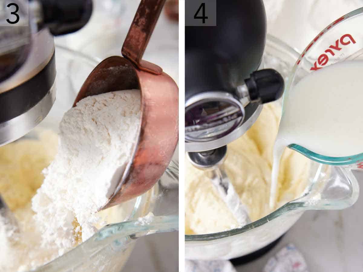 Set of two photos showing flour and milk added to the mixer.