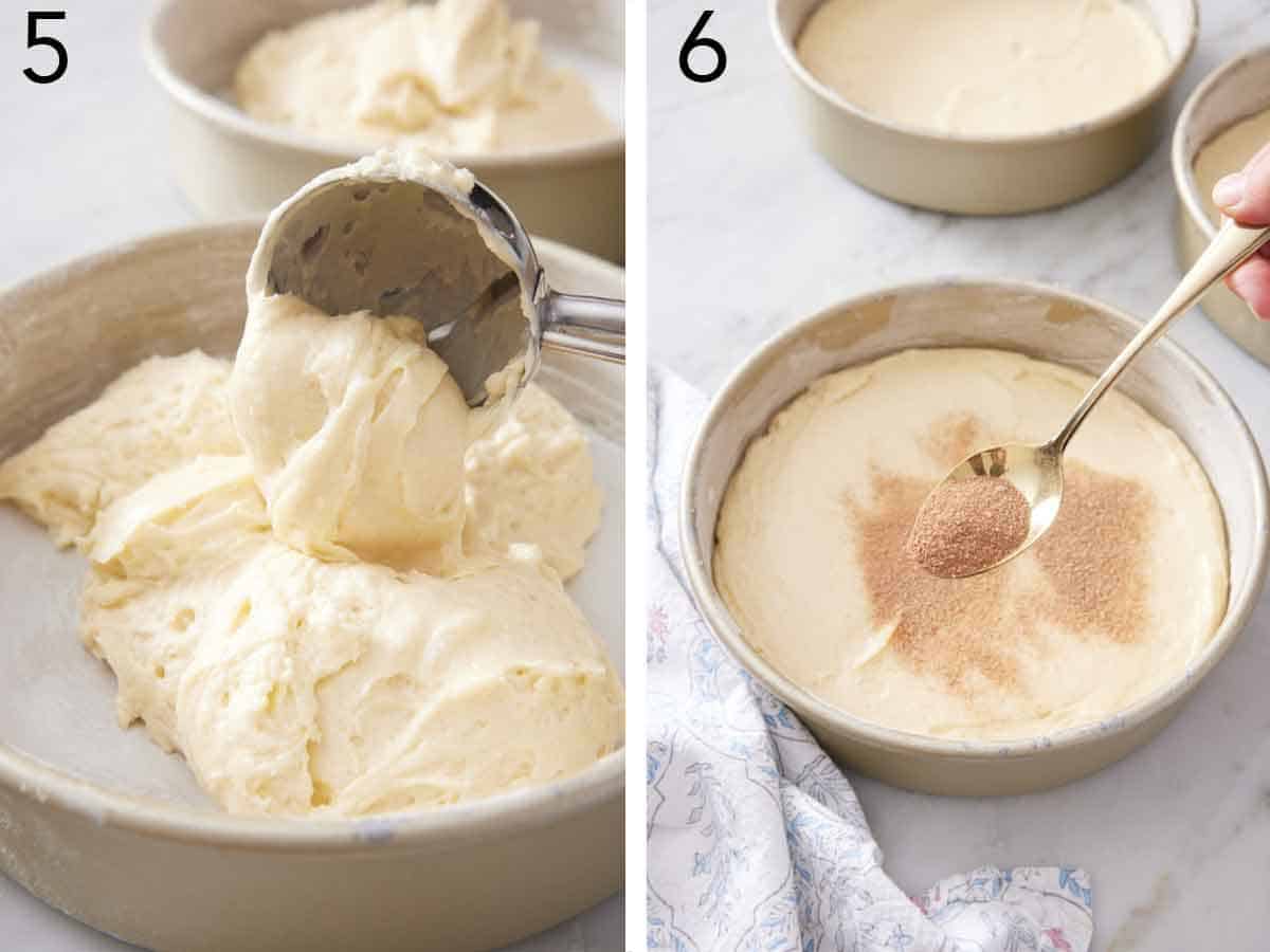 Set of two photos showing batter added to a cake pan and cinnamon sugar sprinkled on top.
