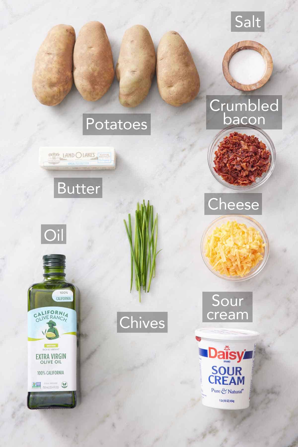 Ingredients needed to make air fryer baked potatoes.