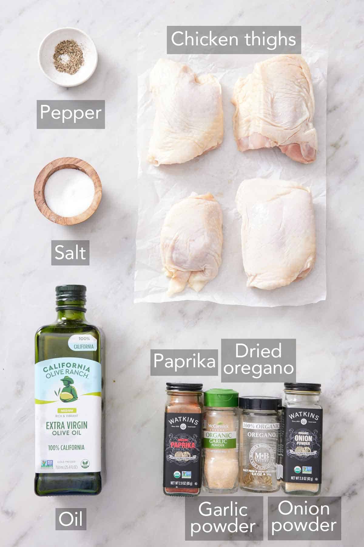 Ingredients needed to make air fryer chicken thighs.